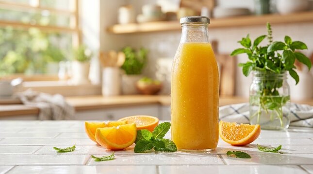 Fresh Orange Juice in a Glass Bottle on a Sunlit Kitchen Counter with Sliced Oranges and Mint