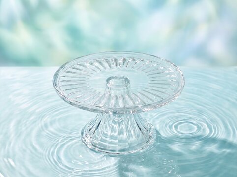 Empty Glass Pedestal Cake Stand on Rippled Water Surface with Aqua Bokeh Background