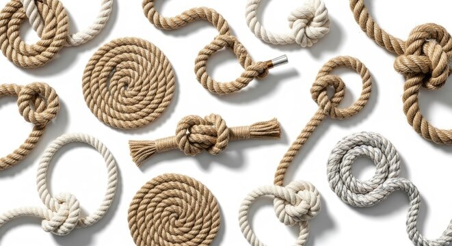 Diverse curved and coiled hemp rope segments.