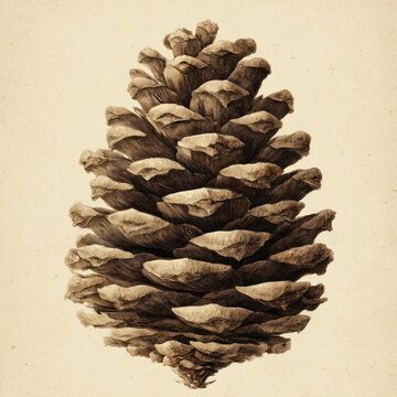 Detailed pine cone illustration on beige background.
