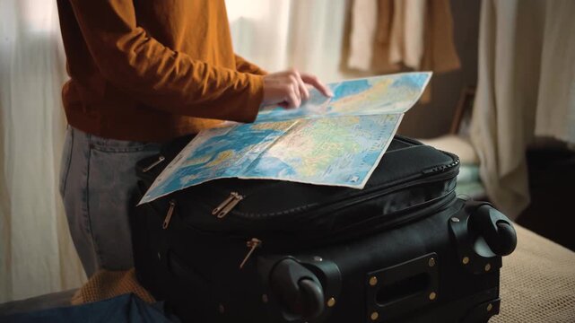 Anonymous young woman in her bedroom with her suitcase packed and ready, studying a map to decide where she will travel next, preparing for an upcoming journey.