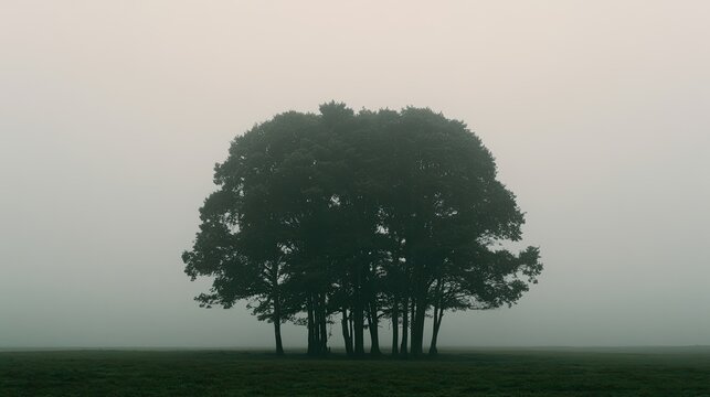 Silhouetted trees cluster in a dense, ethereal fog over a green field