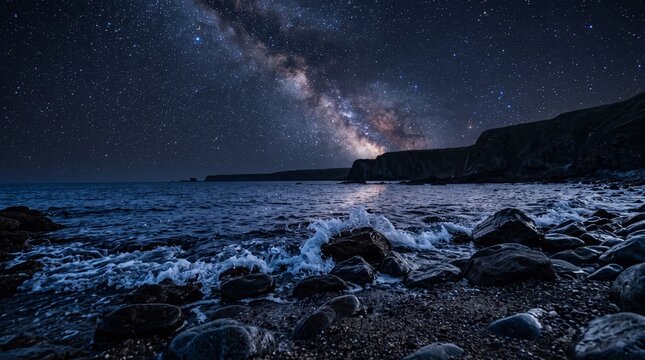 Milky Way Galaxy Arching over a Rocky Coastline with Crashing Waves at Night