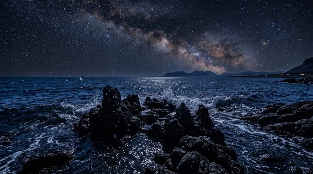 Majestic Milky Way galaxy over the rocky coast and ocean waves at night