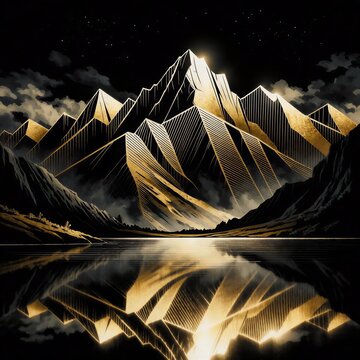 Majestic mountains reflecting in a serene lake at night  