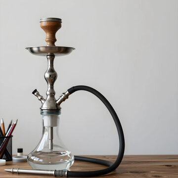 Hookah smoking culture and relaxation, modern shisha pipe with hose on a wooden table, leisure and social activity
