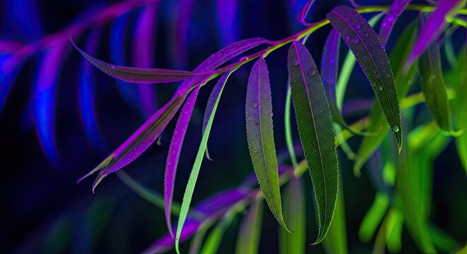 Green willow branch against colorful neon light bokeh.