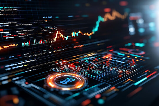 Futuristic financial data analysis with glowing charts and graphs on screen