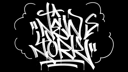 New York text handwritten graffiti tag clip art with cloud outline and drip paint texture. Urban street art marker handstyle isolated on dark background for streetwear design. © dirtyfellas
