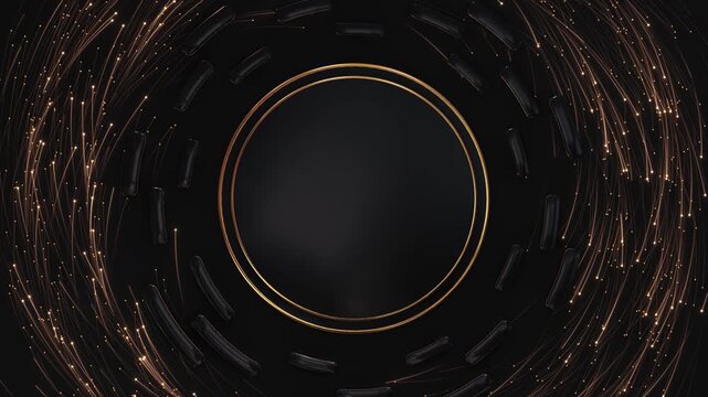 Glowing gold rings dramatic circular portal flowing particles luminous trails, cinematic luxury futuristic reveals, premium presentations, elegant openings, technology displays, visual effects.