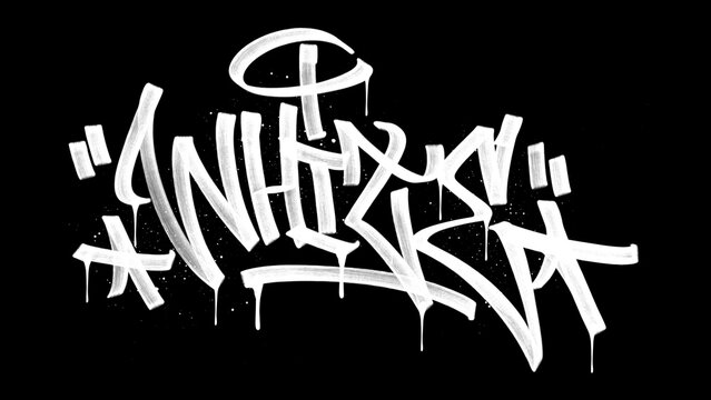 White word handwritten graffiti tag clip art with drip paint texture. Urban street art marker calligraphic handstyle isolated on dark background for t-shirt design and apparel.