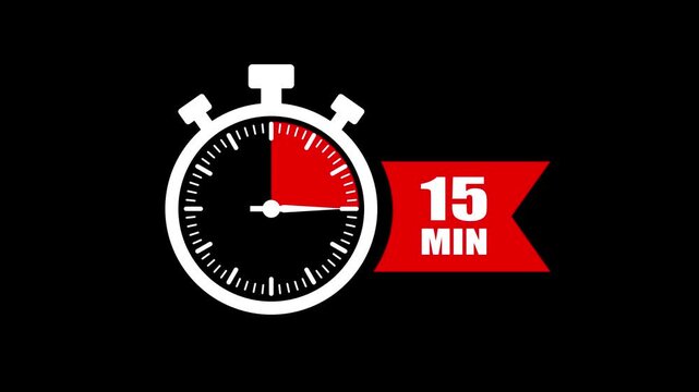 15 minute timer countdown stopwatch animation. Clock icon with 15 minute timer. 15 minute countdown timer clock icon animation. 15 min clock icon animation. Timer, clock, stopwatch icon with 15 min.
