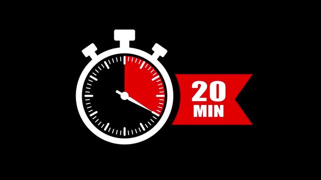 20 minute timer countdown stopwatch animation. Clock icon with 20 minute timer. 20 minute countdown timer clock icon animation. 20 min clock icon animation. Timer, clock, stopwatch icon with 20 min.