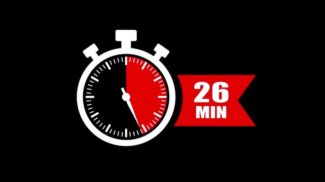 26 minute timer countdown stopwatch animation. Clock icon with 26 minute timer. 26 minute countdown timer clock icon animation. 26 min clock icon animation. Timer, clock, stopwatch icon with 26 min.