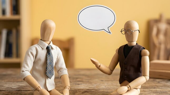 Wooden figurines in a modern office having a conversation