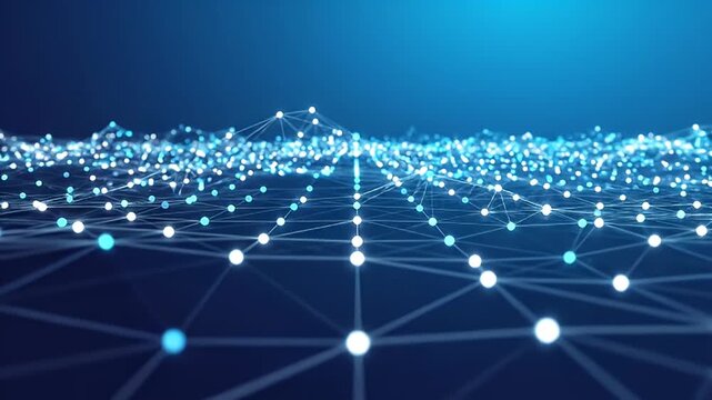 Abstract digital network visualization with glowing nodes and connections on a dark blue background