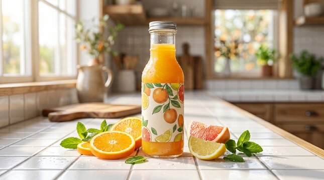 Fresh Organic Citrus Juice in a Glass Bottle on a Bright Kitchen Counter with Orange Slices and Mint