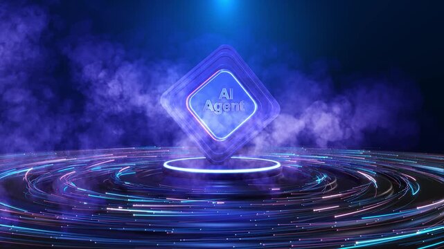 Futuristic AI Agent icon technology stage, autonomous agents, intelligent automation, workflows, generative AI, business productivity, decision support, integration, emerging software technology.