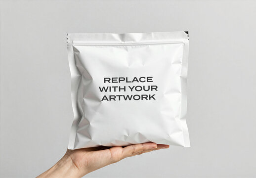 Foil pouch mockup held in hand against neutral background, vertical product packaging template for branding and commercial design, clean minimal presentation with flat surface