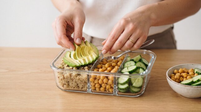 A person preparing a healthy meal in a glass container with compartments, placing sliced ad social media download thambnail poster web template event festival 2026 2027 2028