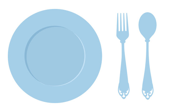 Elegant blue tableware collection featuring a round dinner plate, decorative fork, and spoon in minimalist flat vector style for restaurant menus, kitchen decor and dining icons.