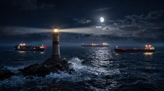 Majestic Lighthouse Guiding Cargo Ships Through Rough Seas at Night Under a Full Moon