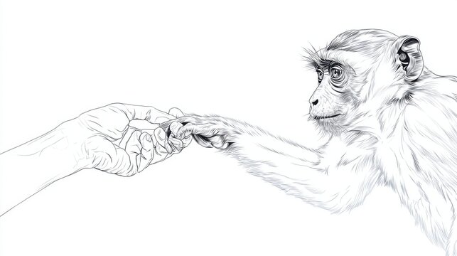 Human Hand Reaching Toward Monkey Hand in Pencil Sketch Art
