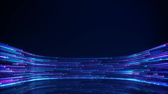 Blue light trails sweep futuristic technology space, fast digital fiber networks, wireless connectivity, AI processing, data movement, enterprise technology, automation, high speed computing.