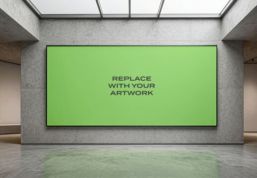 Vertical poster mockup displayed on a concrete wall in modern gallery space with skylight, realistic art presentation, screen, text placeholder, interior design, Template, commercial display