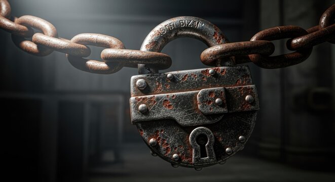 Industrial rusty padlock hanging on chains in dark room.