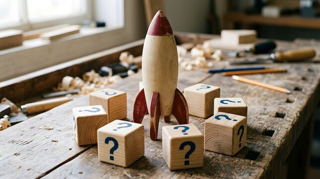 Wooden rocket and question blocks on a workshop table