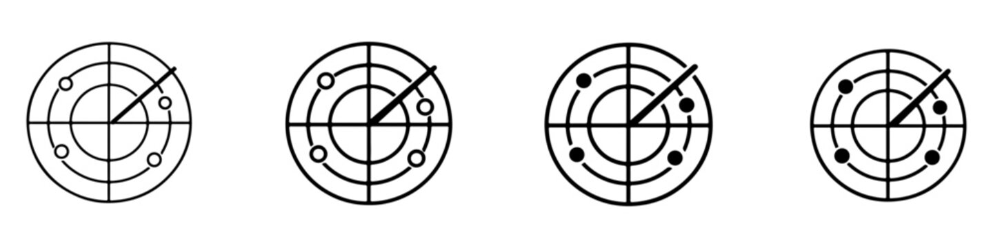 Black and white radar icon set in multiple styles for navigation, scanning, technology and UI art.