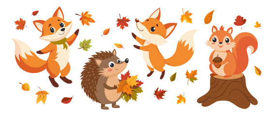 Fototapeta premium Autumn set of cute forest animals. Fox, hedgehog, squirrel with acorn, maple leaves. Fall season Illustration.