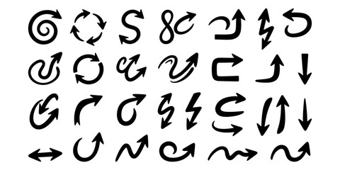 Fototapeta premium Set of hand drawn vector arrows in various shapes and directions for design elements and navigation