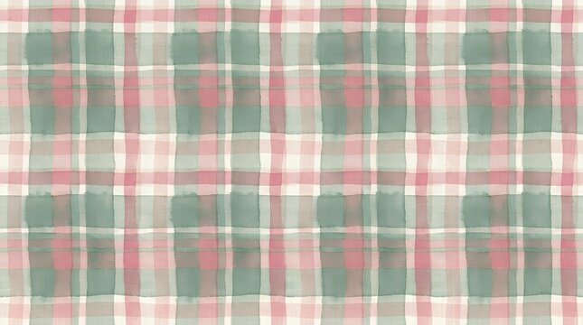 Repeating watercolor tartan fabric design in soft sage rose and cream tones plaid gingham pattern pink green beige watercolor geometric print seamless tartan checkered check fabric textile design