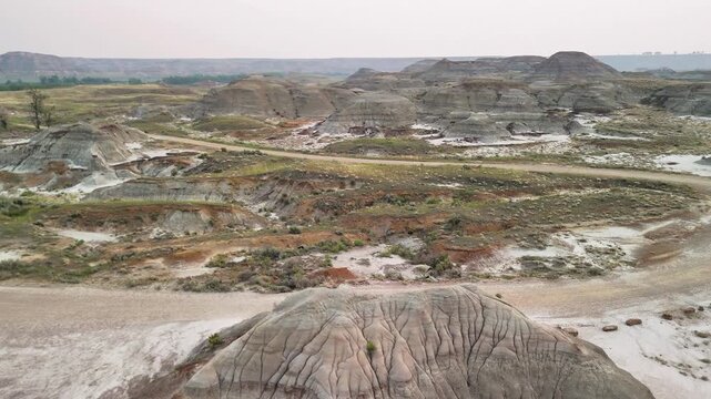 Majestic drone view of Dinosaur Provincial Park natural