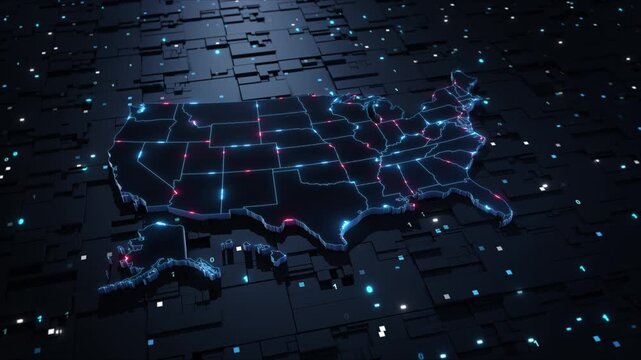 Futuristic American map glows technology grid, AI connectivity, national data , cyber protection, network monitoring, secure automated processing, digital defense, technology across the United States.