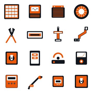 Solar PV Panel Installation and Rooftop Mounting Tools Icons Set. Row 1 Panel, Inverter, Cable. Row 2 MC4 Crimper, Clamp, Hook. Row 3 Isolator, Pyranometer, Tracer. Row 4 Solar Tester, Angle Finder.