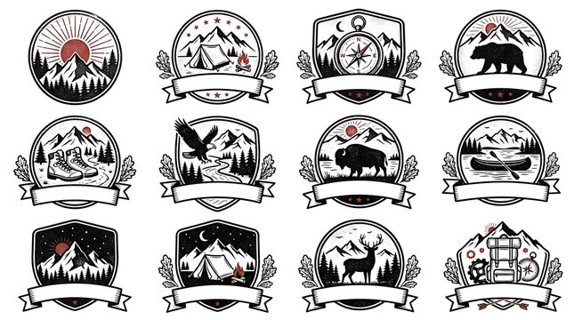 Vintage outdoor adventure and camping emblems with mountains and wildlife