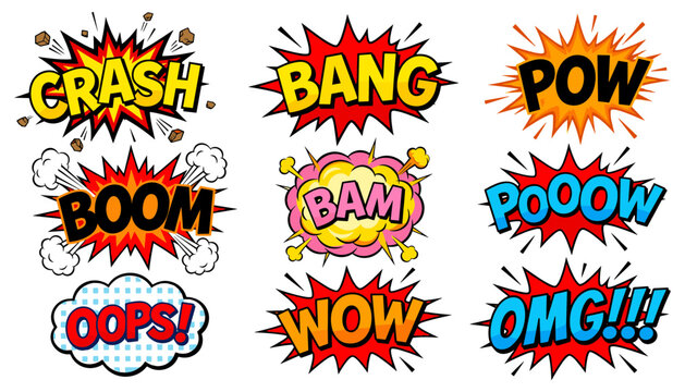 Action cartoon explosion effects with rubble dust particles and stylized exclamation words for comic books design layout