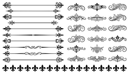 Vintage ornamental dividers and baroque flourish elements collection with decorative fleur de lis borders for invitation design © Mst
