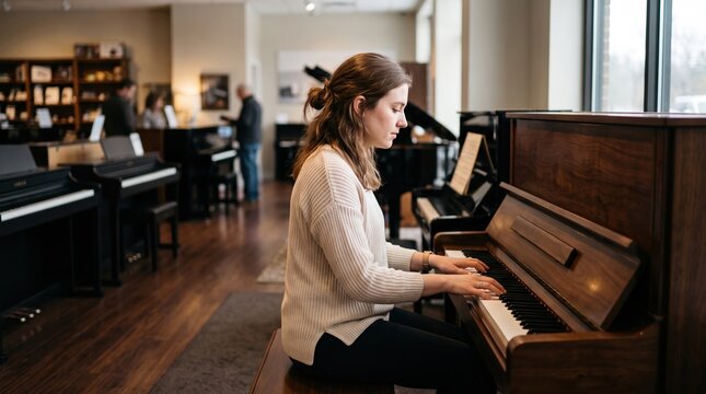 Young woman playing piano in store