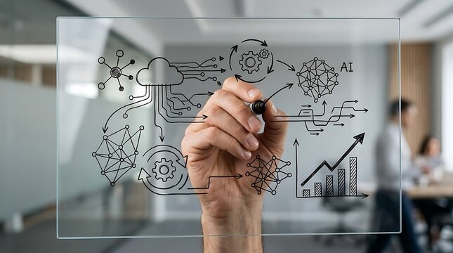 A business professional drawing a complex artificial intelligence and data network diagram on a glass board.