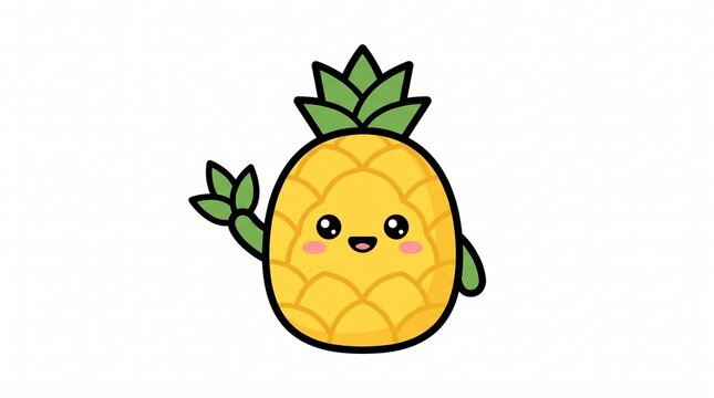 Cute kawaii pineapple character waving hello, happy tropical fruit mascot vector illustration.