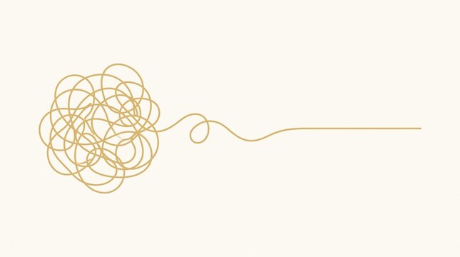 Golden tangled thread scribble unraveling into a straight line with scribble