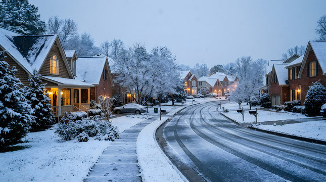 A serene winter landscape unfolds as the first day of the season brings a blanket of snow to the charming town