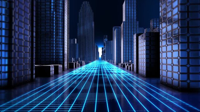 Advanced urban environment features grid extending futuristic buildings, AI driven cities, digital physical AI, autonomous transport, infrastructure, predictive systems, intelligent urban development.