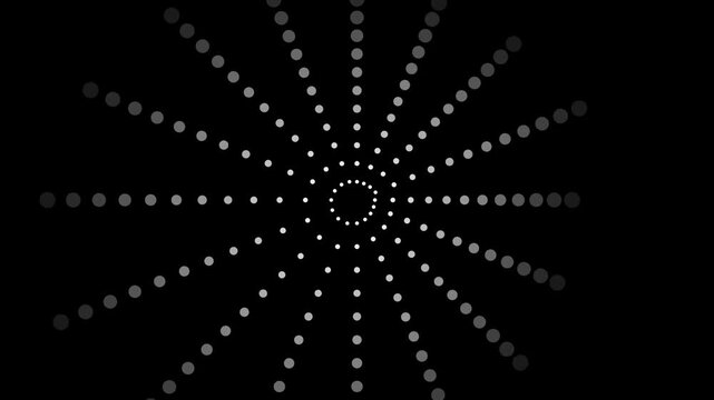 Abstract white dotted radial lines rotating smoothly on dark background in seamless loop