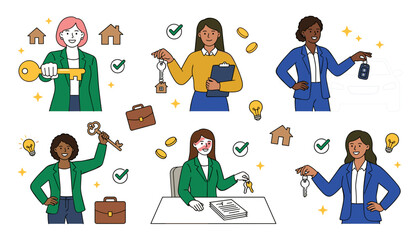 Fototapeta premium Diverse Female Real Estate Agents and Car Dealers Holding Keys Vector Illustration Set Featuring Professional Women Sales Executives Offering New Home Ownership and Automobile Purchasing Solutions