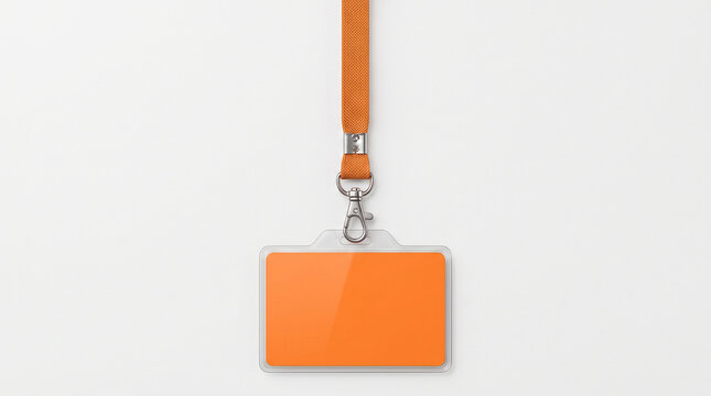 Horizontal orange id badge card holder with fabric lanyard strap for professional employee access pass.